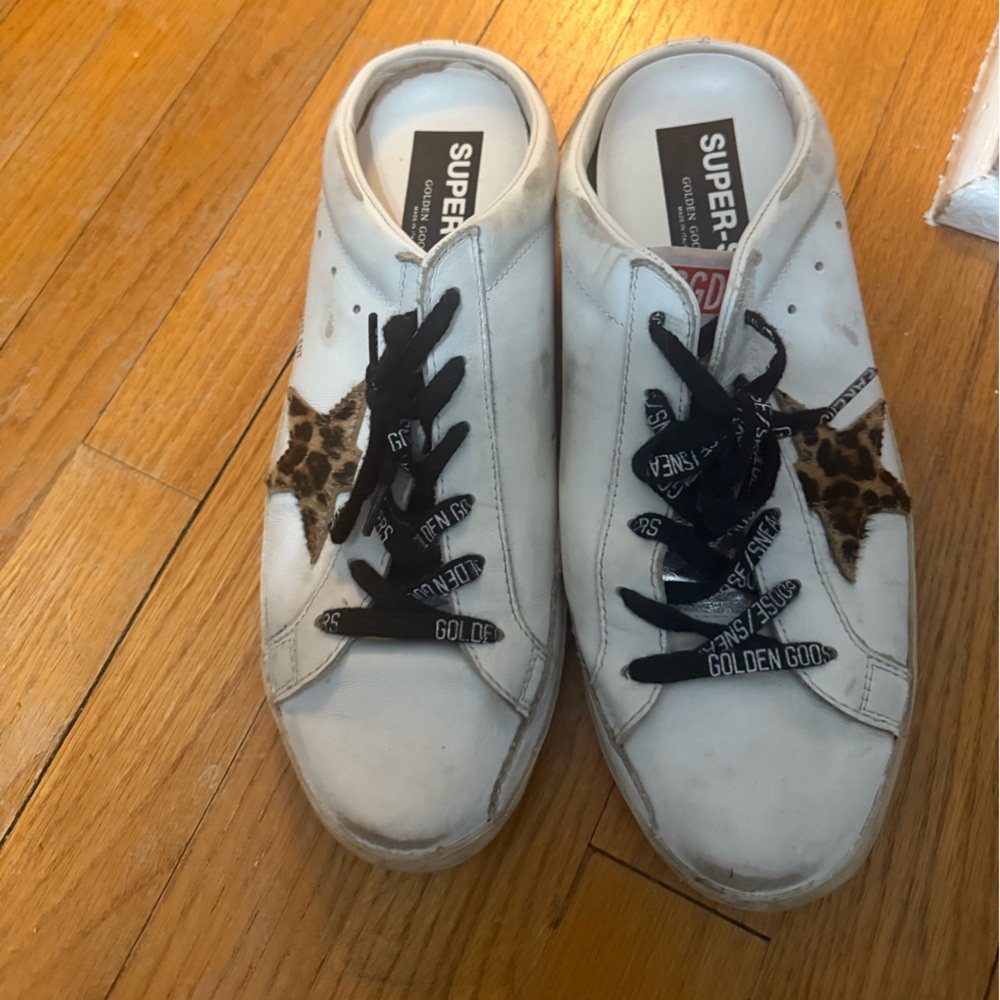 White Sneakers with Leopard Print and Black Laces